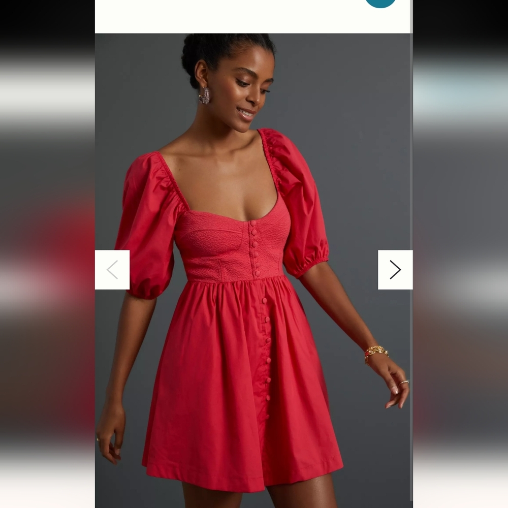 Anthropologie Maeve Puffed Sleeve Red Sweetheart Mini Dress Size Medium